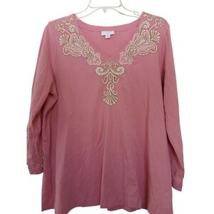 J Jill Pink Embroidered V Neck Long Sleeve Tunic Top Women Size L